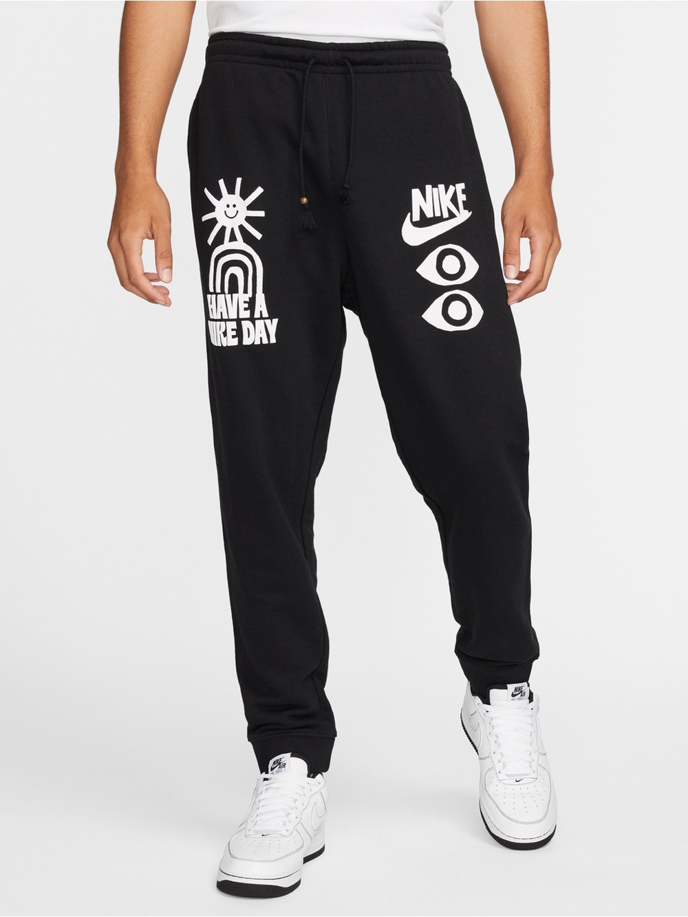 Nike Sportswear French Terry Black Sweatpants with White Graphic Logo, Size L